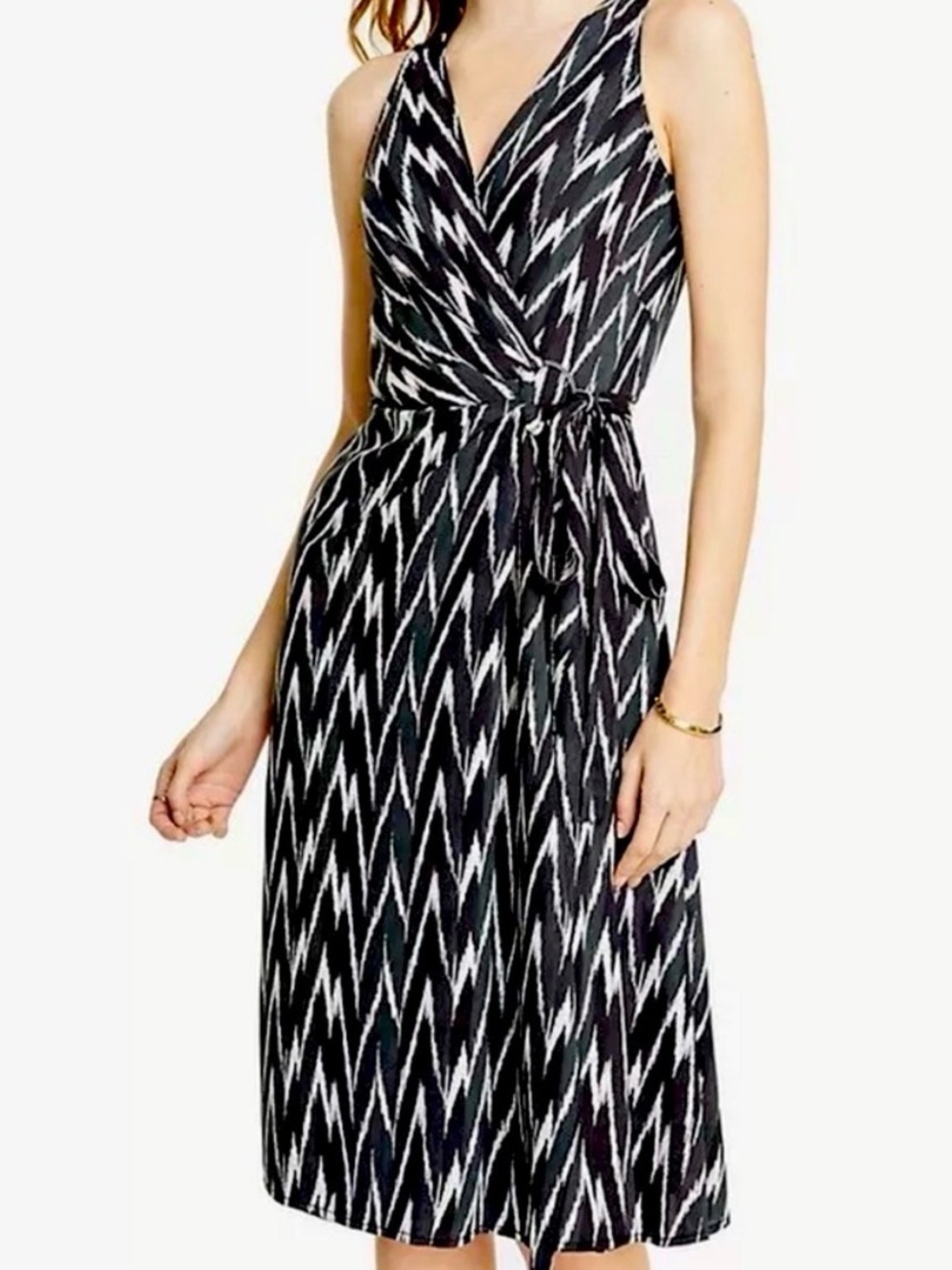Ann Taylor Sleeveless Dk Green, Black & White Zigzag Wrap Dress - 16